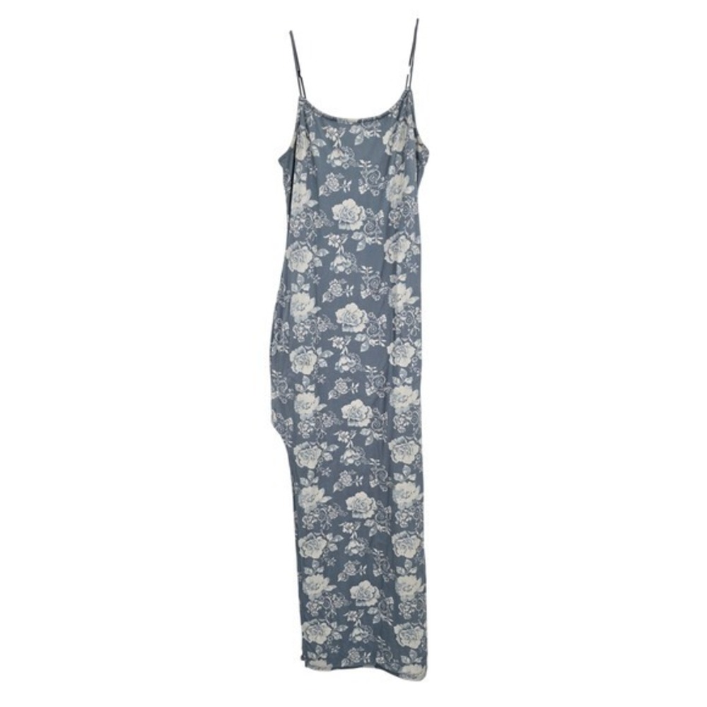 Faded Rose Floral Print Maxi Dress Spaghetti Straps Blue White Size Large